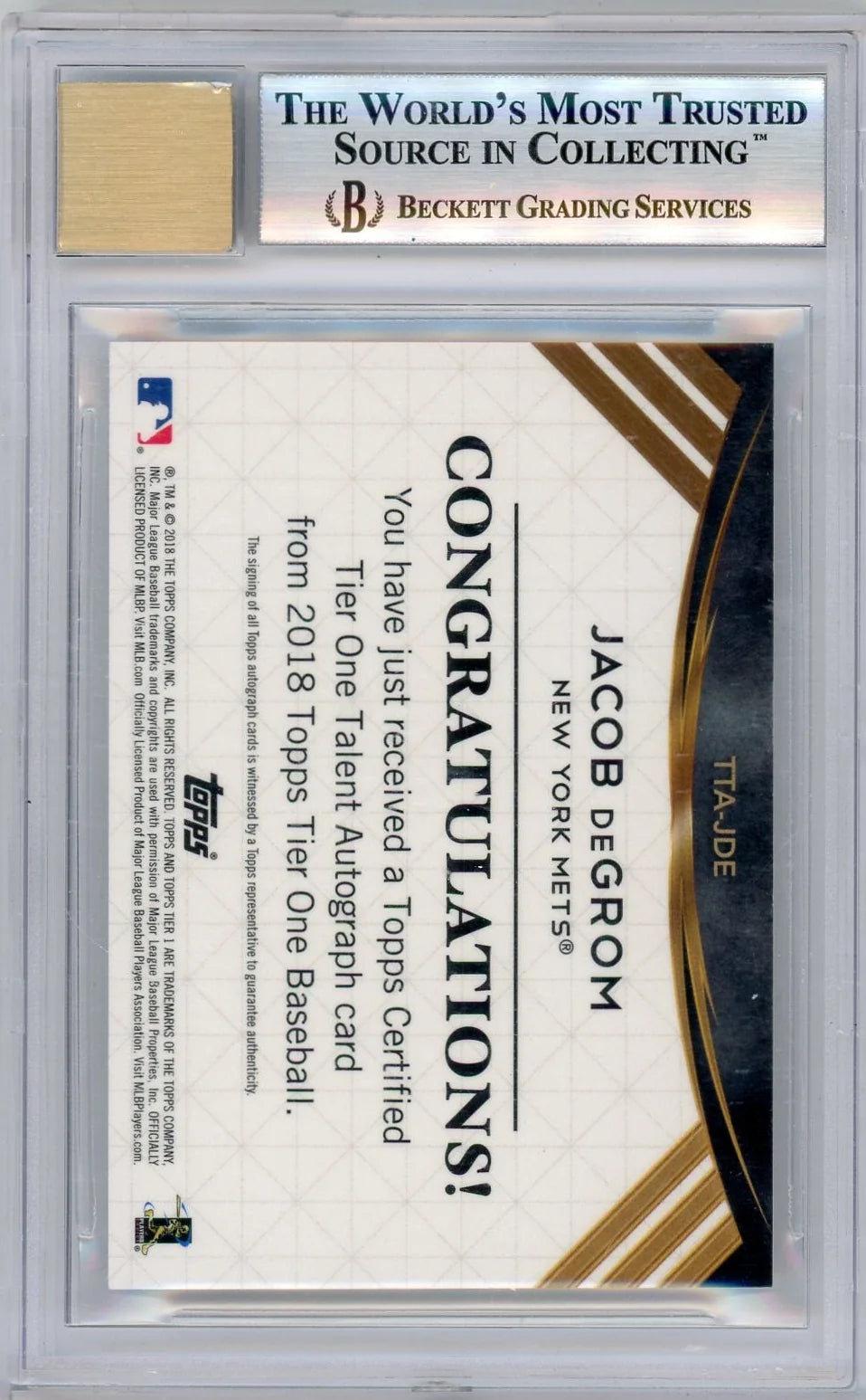 Jacob deGrom 2018 Topps Tier One Talent Autographs #'d 130/160 BGS 9 Auto 10
