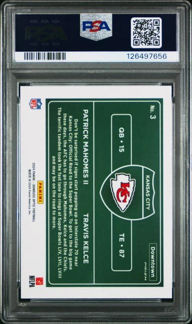 Patrick Mahomes II Travis Kelce 2024 Panini Donruss Optic Downtown Duos PSA 10
