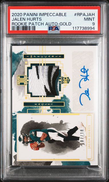 Jalen Hurts 2020 Panini Impeccable RPA gold #'d 07/10 PSA 9
