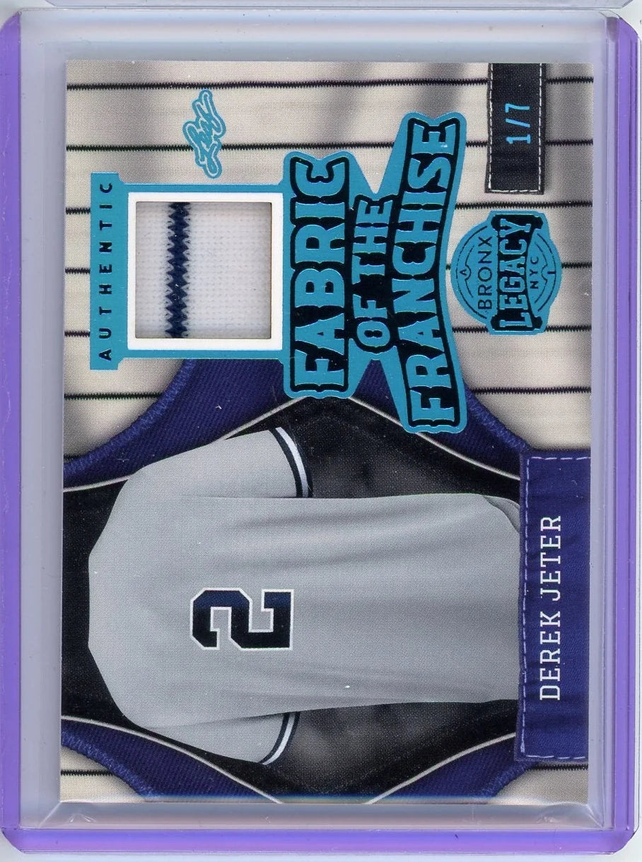 Derek Jeter 2024 Leaf Bronx Legacy Fabric of the Franchise game-used jersey relic #'d 1/7