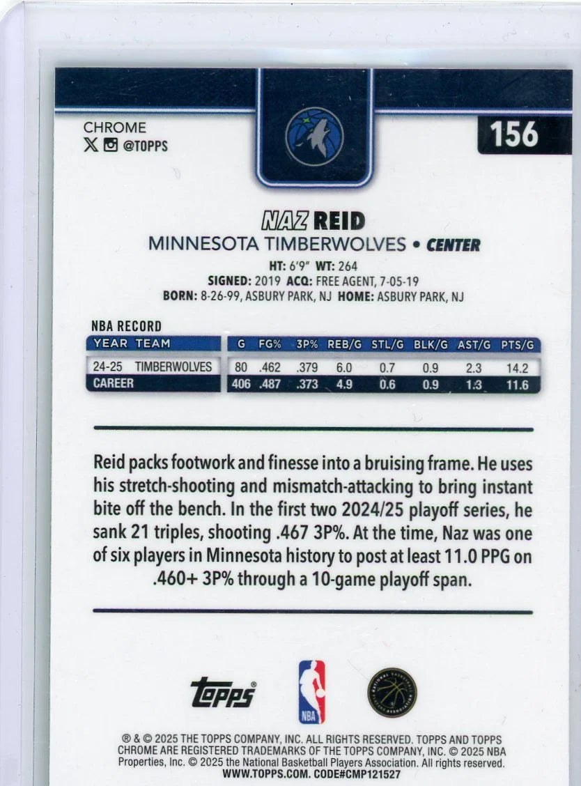 Naz Reid 2025 Topps Chrome Green Wave Refractor #'d 75/99