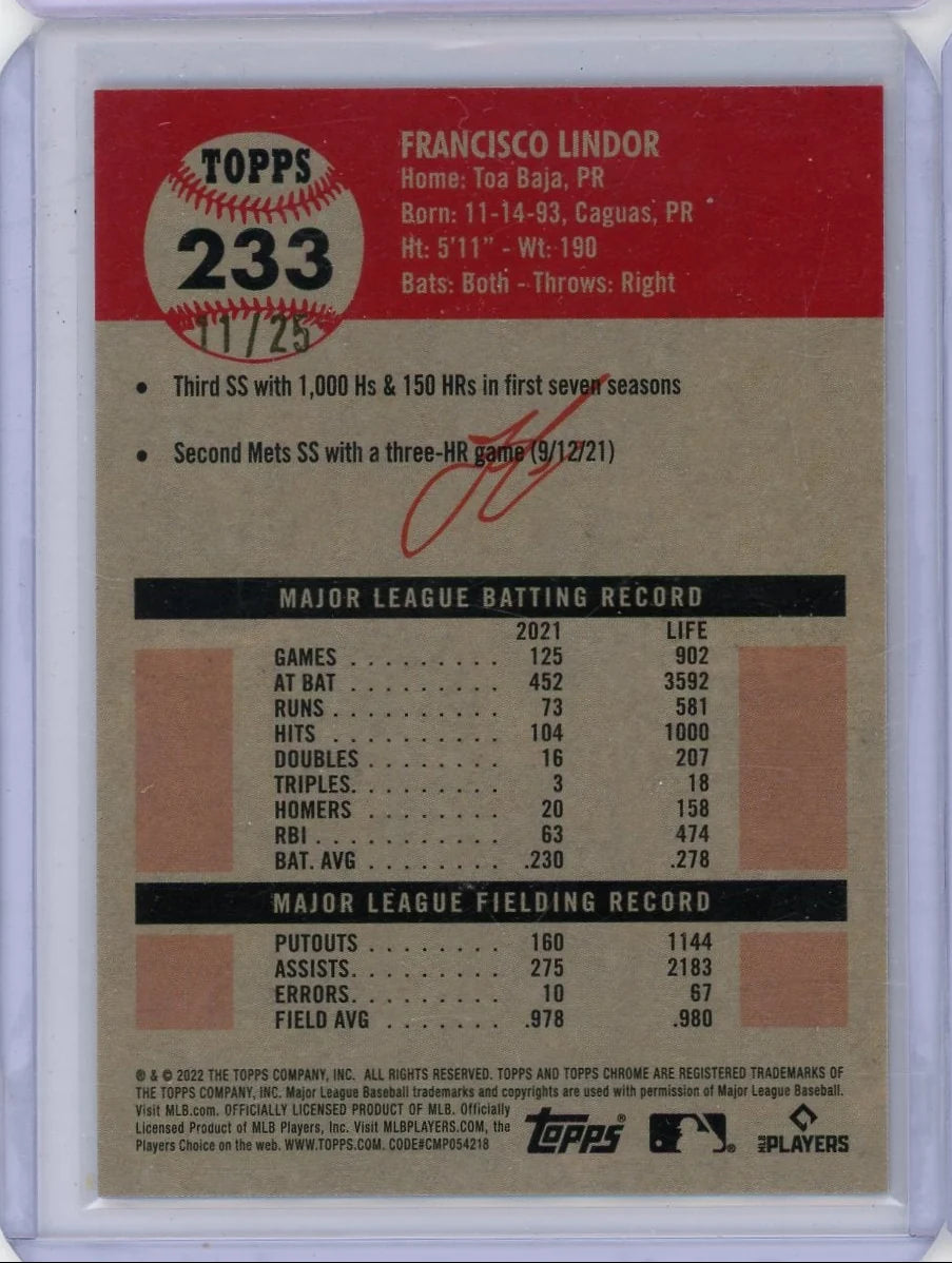Francisco Lindor 2022 Topps Chrome Platinum Anniversary orange toile #'d 11/25