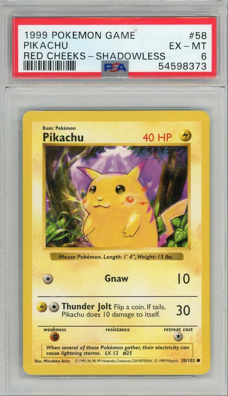 Pikachu 1999 Pokemon Red Cheeks Shadowless non-holo #58/102 PSA 6