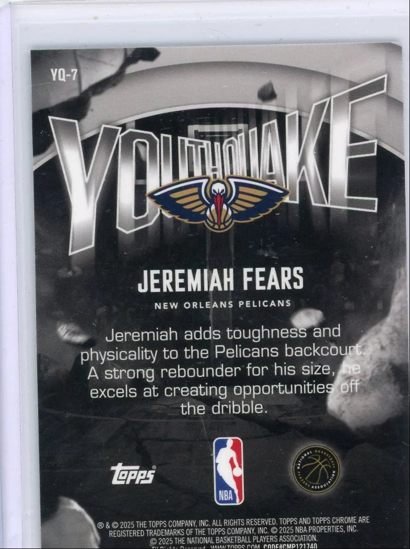 Jeremiah Fears 2025-26 Topps Chrome Youthquake blue ref. rc #'d 083/150