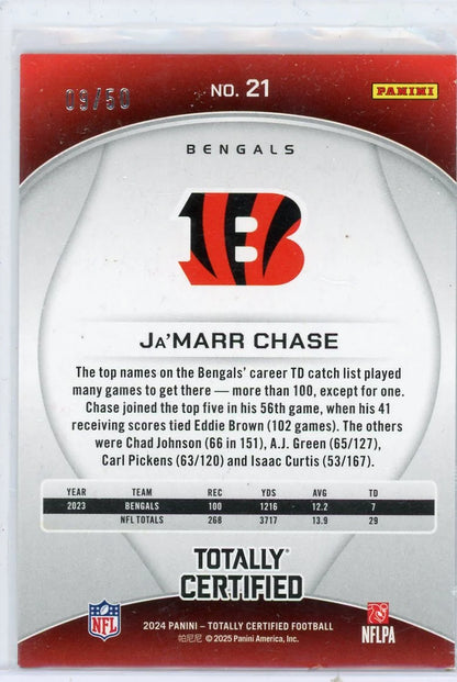 Ja'Marr Chase 2024 Panini Totally Certified Mirrow Platinum Blue Camo #'d 09/50