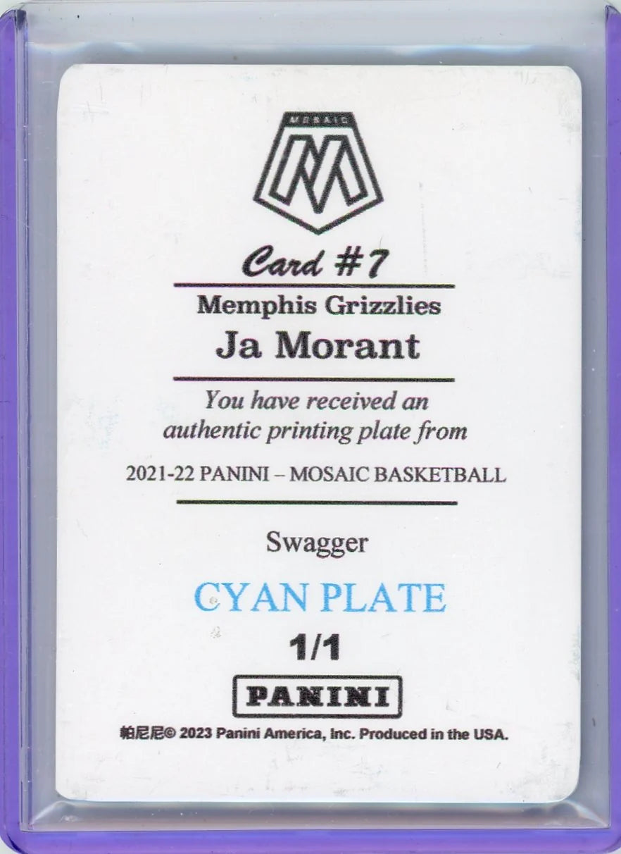 Ja Morant 2021-22 Panini Mosaic Swagger Cyan Printing Plate #'d 1/1