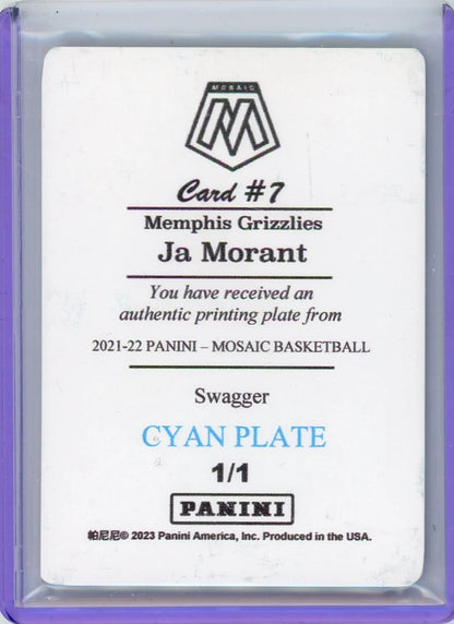 Ja Morant 2021-22 Panini Mosaic Swagger Cyan Printing Plate #'d 1/1