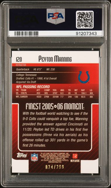 Peyton Manning 2006 Finest Peyton Manning Blue Refractor #'d 024/299 PSA 9