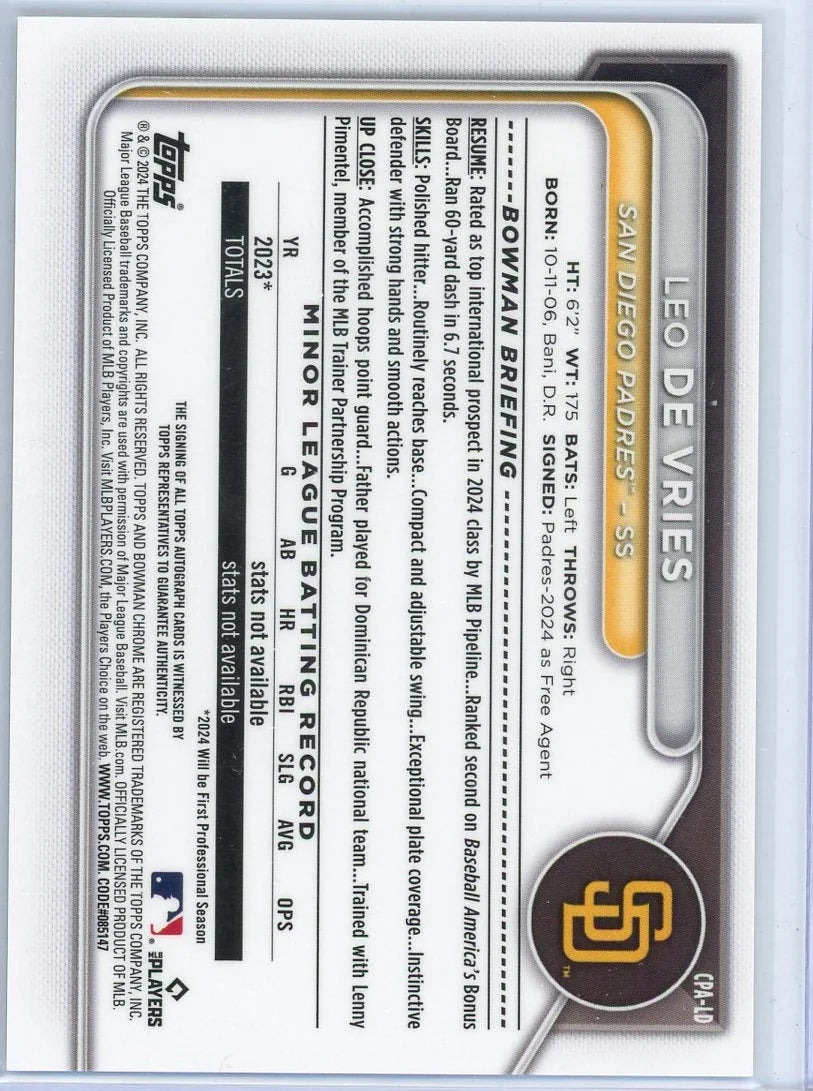 Leo De Vries 2024 Bowman Chrome 1st Bowman Autograph