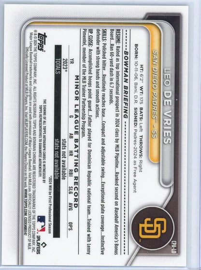 Leo De Vries 2024 Bowman Chrome 1st Bowman Autograph