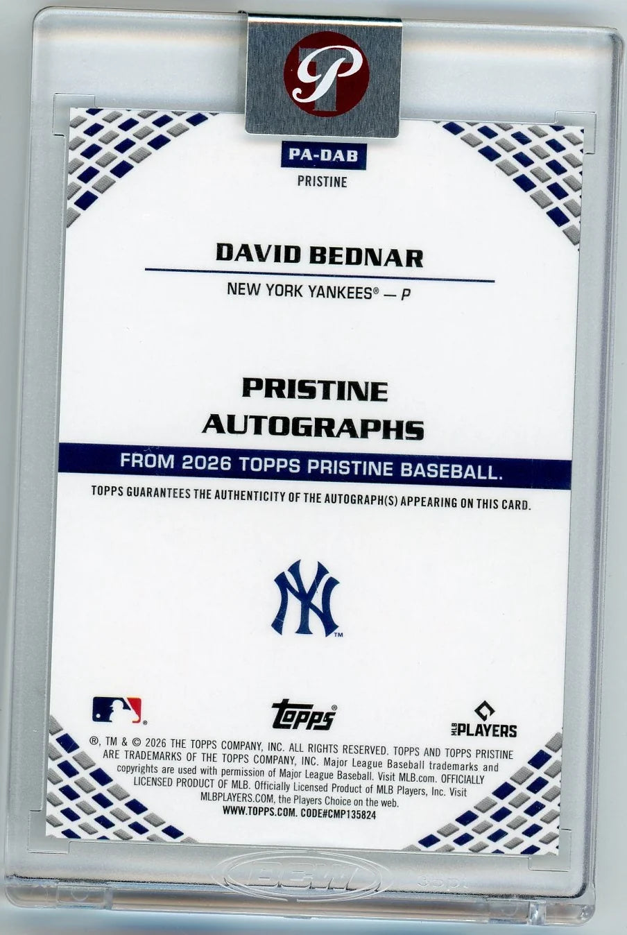 David Bednar 2026 Topps Pristine Autographs #PA-DAB