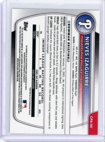 Nieves Izaguirre 2025 1st Bowman Chrome autograph Blue Ray Wave ref. #'d 086/150