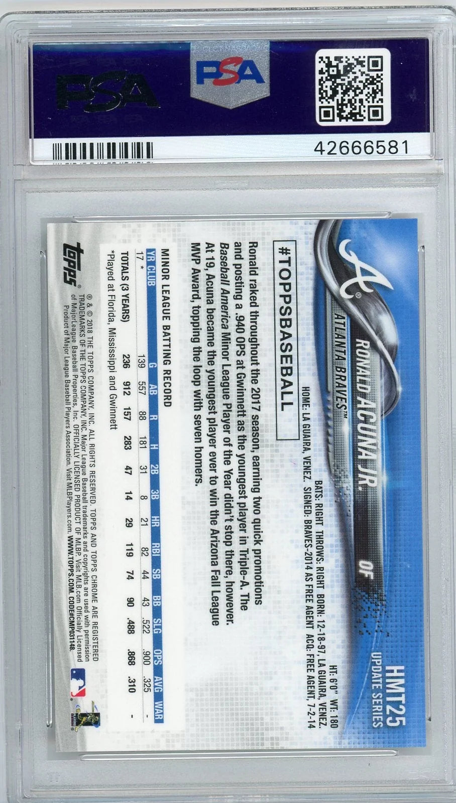 Ronald Acuna Jr. 2018 Topps Chrome Update Pink Refractor PSA 10