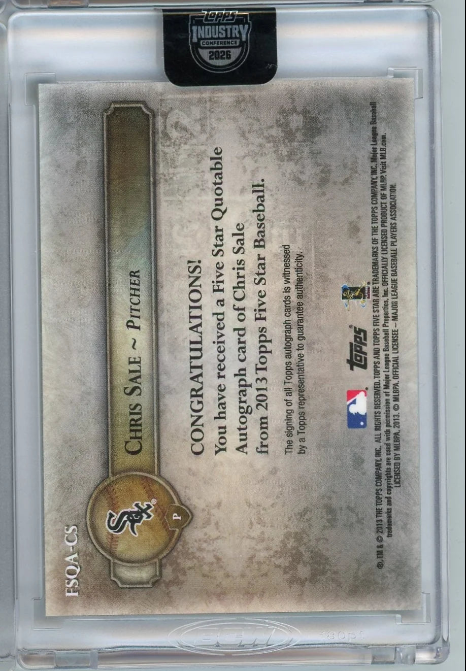 Chris Sale 2013 Topps Five Star Quotable Auto "Go Sox" Inscription #'d 10/10