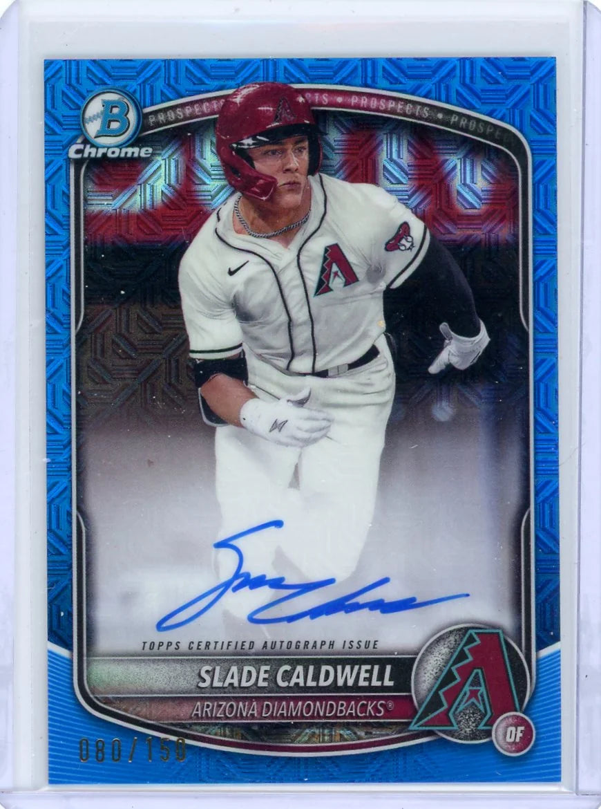 Slade Caldwell 2025 Bowman Chrome Prospects 1st Bowman Auto Blue Mojo Refractor #'d 080/150