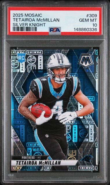 Tetairoa McMillan 2025 Panini Mosaic Silver Knight RC #'d 045/149 PSA 10