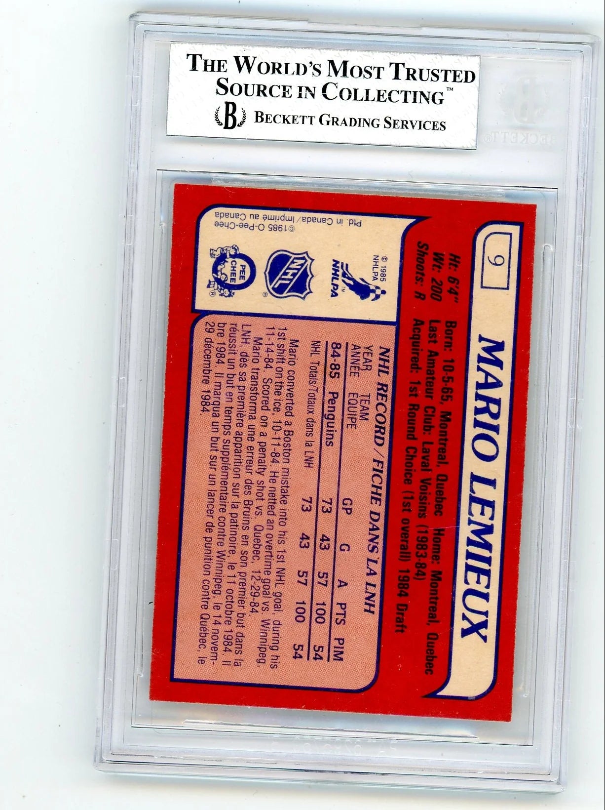 Mario Lemieux 1985 Topps Rookie Card #9 BGS 8