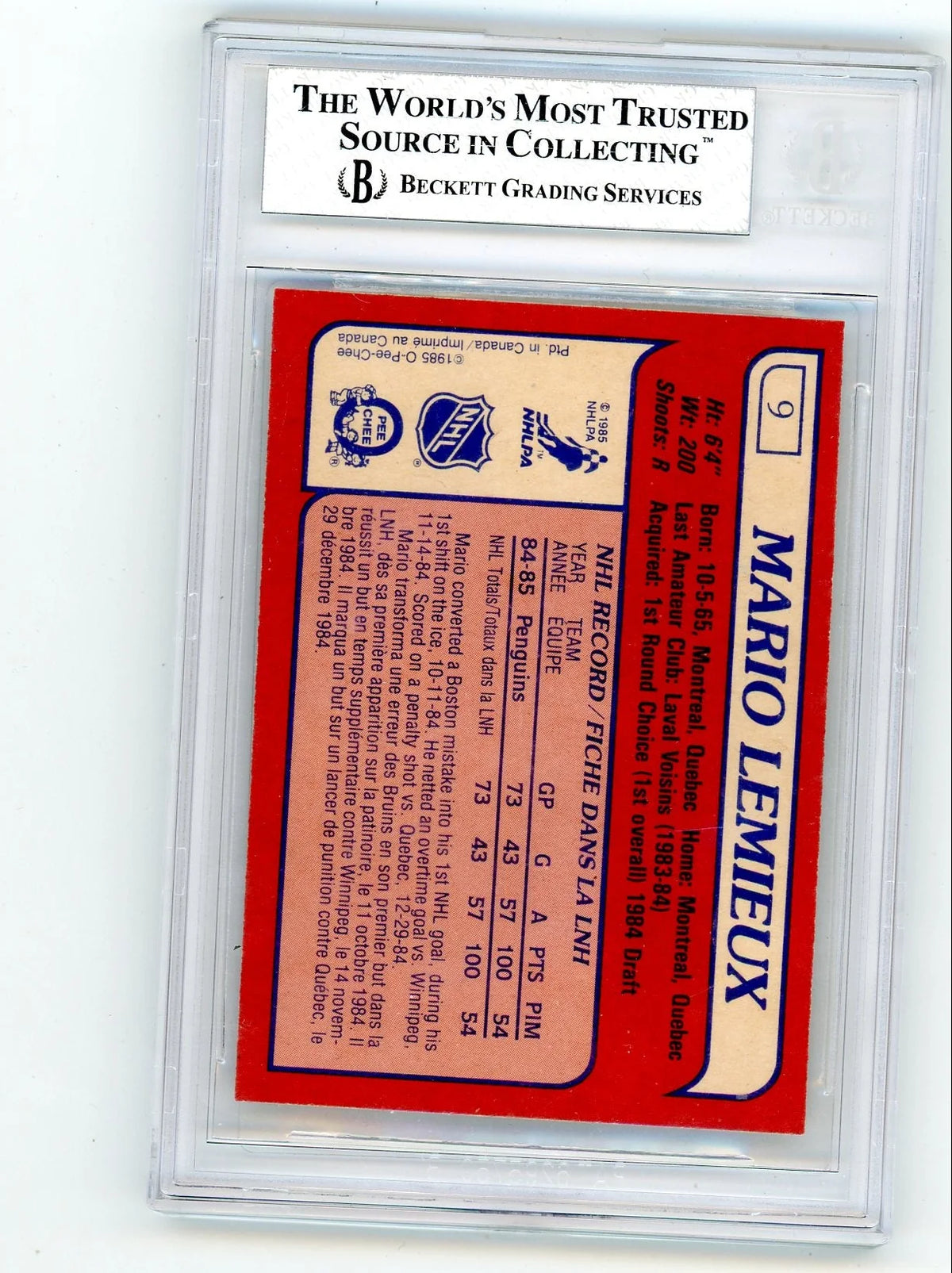 Mario Lemieux 1985 Topps Rookie Card #9 BGS 8