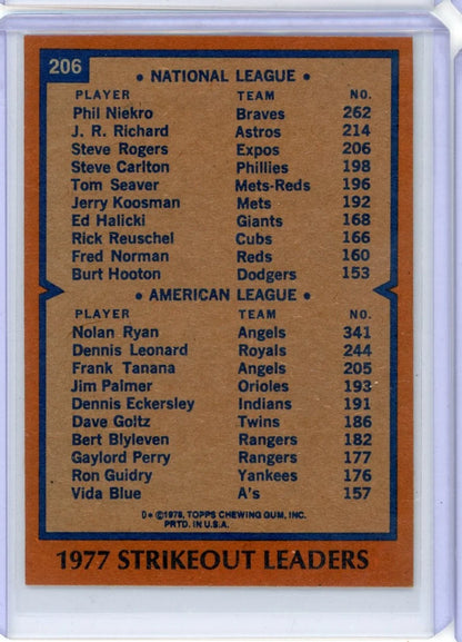 Phil Neikro / Nolan Ryan 1978 Topps 1977 Strikeout Leaders #206