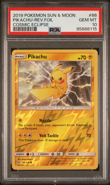 Pikachu 2019 Pokemon Sun & Moon Cosmic Eclipse reverse holo #66/236 PSA 10