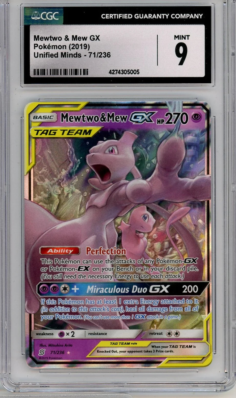 Mewtwo & Mew GX Pokémon Unified Minds Tag Team #71/236 CGC 9