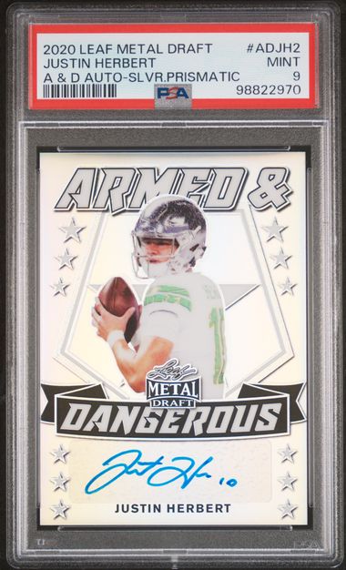 Justin Herbert 2020 Leaf Metal Draft Armed & Dangerous Silver Prismatic Autograph #'d 44/60 PSA 9