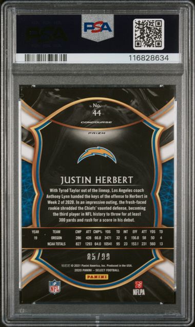 Justin Herbert 2020 Panini Select Concourse Red Prizm Rookie #'d 85/99 PSA 9