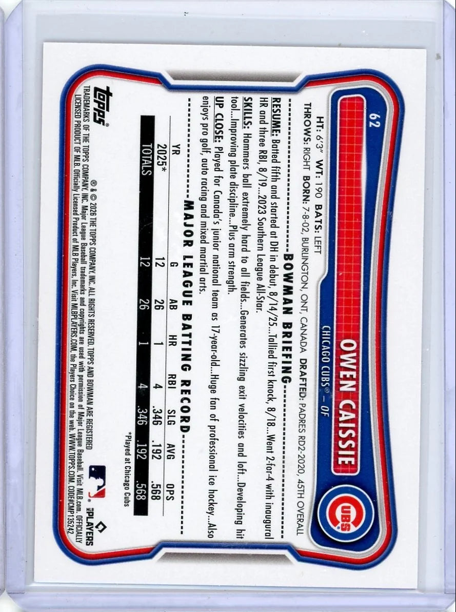 Owen Caissie 2026 Bowman red RC #'d 4/5