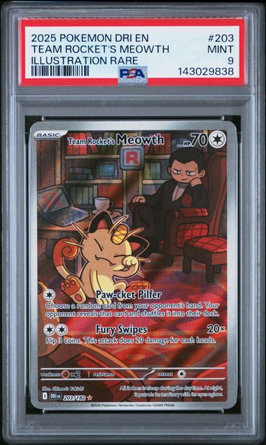 Team Rocket's Meowth Pokémon Destined Rivals Illustration Rare #203/182 PSA 9