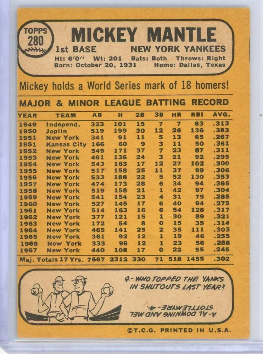 Mickey Mantle 1968 Topps #280 (OC/MC)