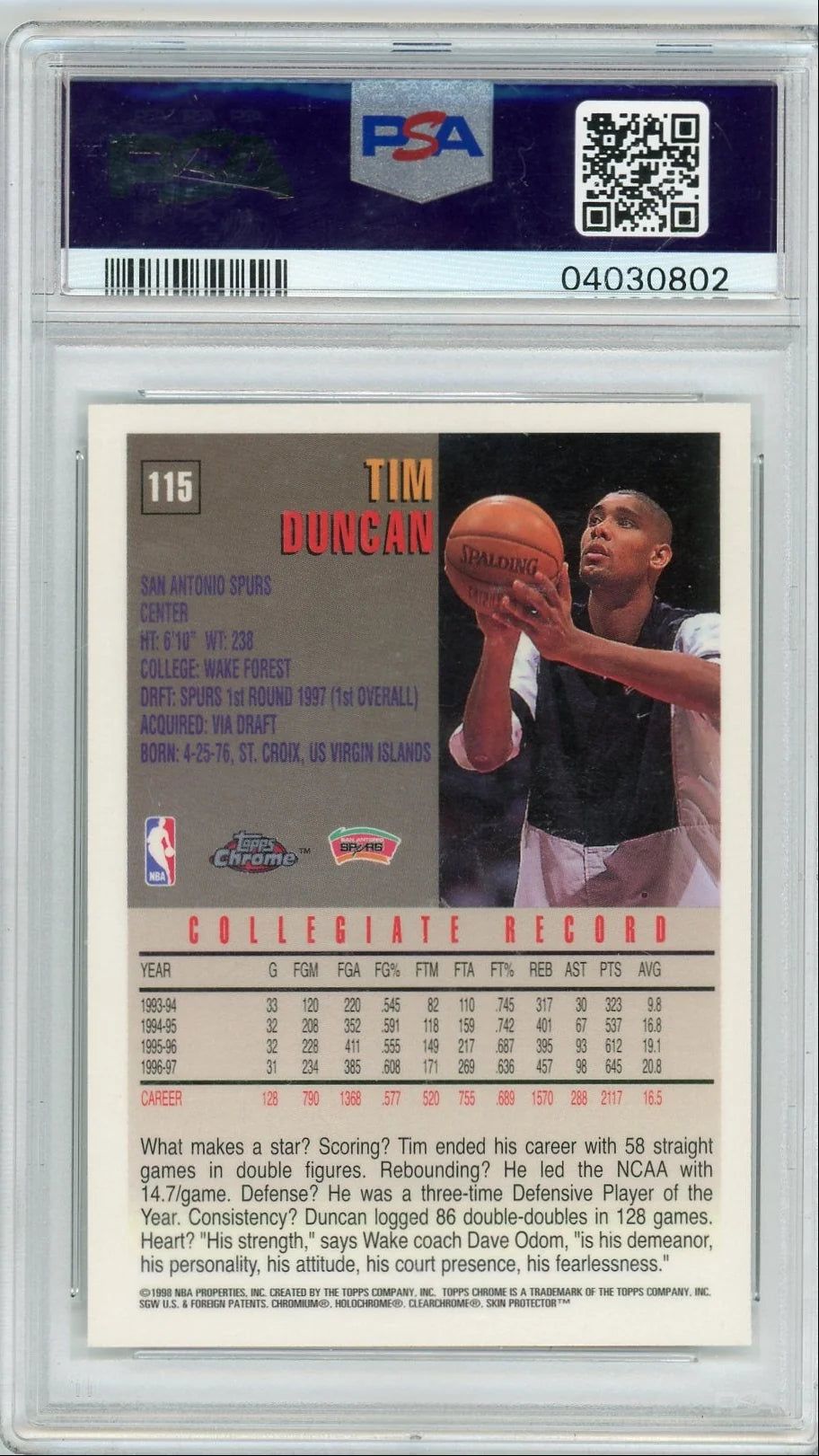 Tim Duncan 1997-98 Topps Chrome RC #115 PSA 10