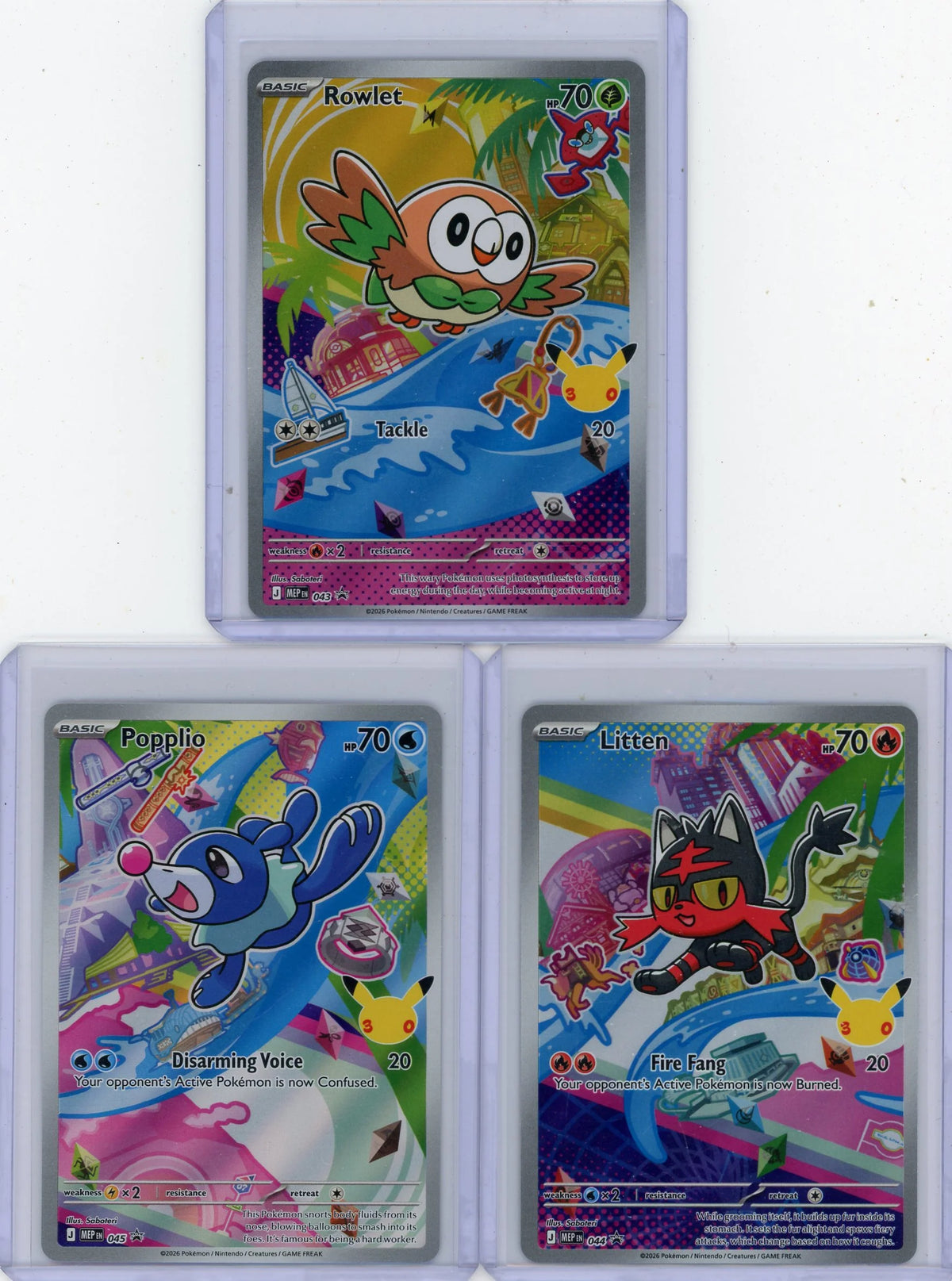 Rowlet Litten Popplio 2026 Pokémon First Partner promos 2026 Pokémon 30th Anniversary #043-045