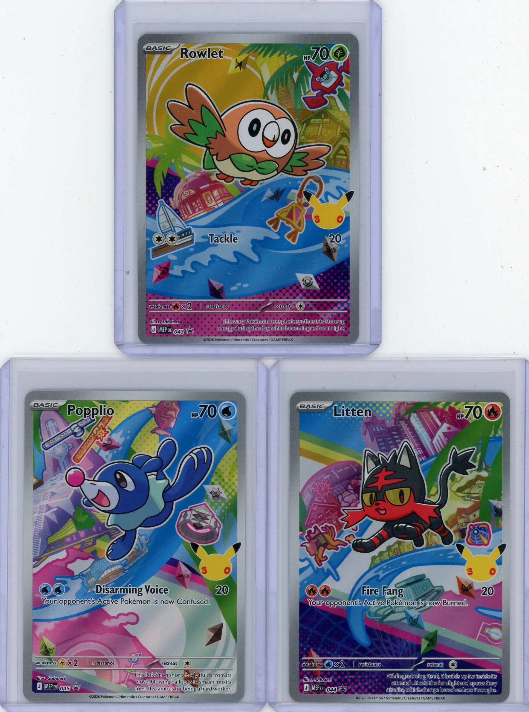 Rowlet Litten Popplio 2026 Pokémon First Partner promos 2026 Pokémon 30th Anniversary #043-045