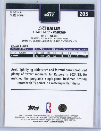 Ace Bailey 2025-26 Topps Flagship Black Parallel RC #'d 57/68