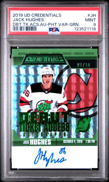 Jack Hughes 2019 Upper Deck Credentials Debut Ticket Access autograph green #'d 01/10 PSA 9