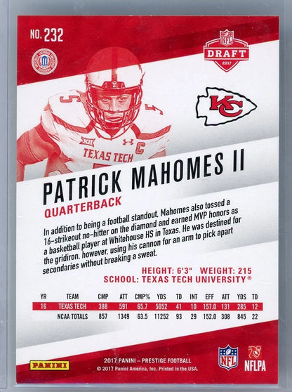 Patrick Mahomes 2017 Panini Prestige Rookie Card #232