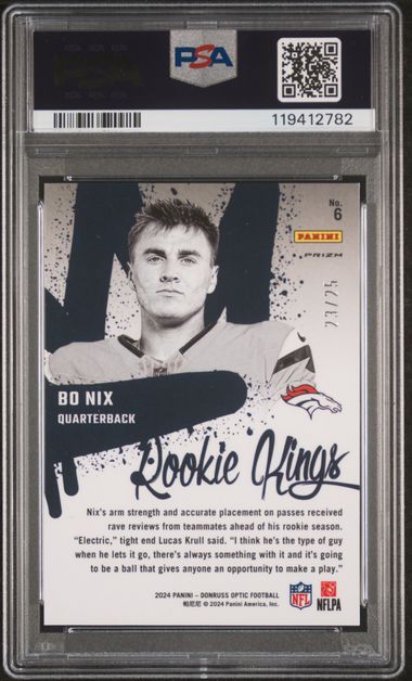 Bo Nix 2024 Donruss Optic Rookie Kings Black Pandora #'d 23/25 PSA 10