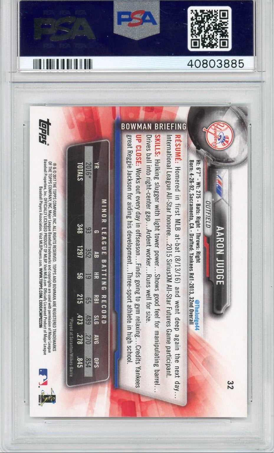 Aaron Judge 2017 Bowman rookie card PSA 9