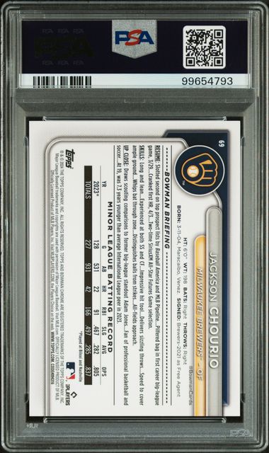 Jackson Chourio 2024 Bowman Chrome SP RC #69 PSA 10