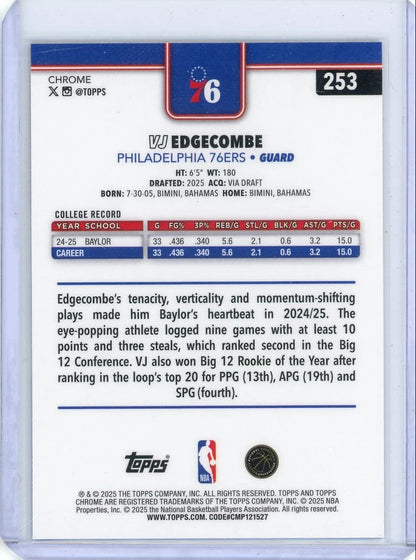 VJ Edgecomb 2025 Topps Chrome Red/White/Blue Refractor RC