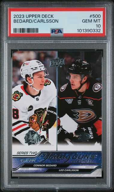 Connor Bedard/Leo Carlsson 2023 Upper Deck Series 2 Young Guns Checklist PSA 10