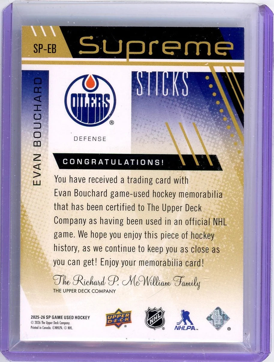 Evan Bouchard 2025-26 Upper Deck SP Game Used Supreme Sticks #'d 13/15
