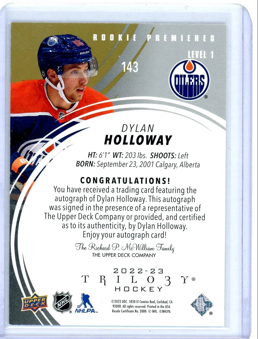 Dylan Holloway 2022-23 Upper Deck Trilogy autograph rookie card #'d 291/299