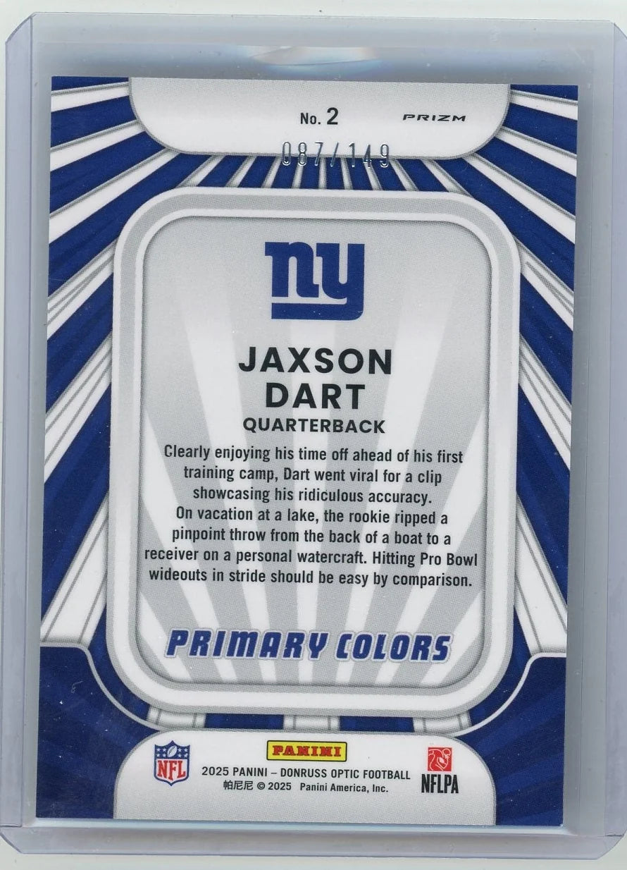 Jaxson Dart 2025 Panini Donruss Optic Primary Colors Black Pandora RC #'d 087/149