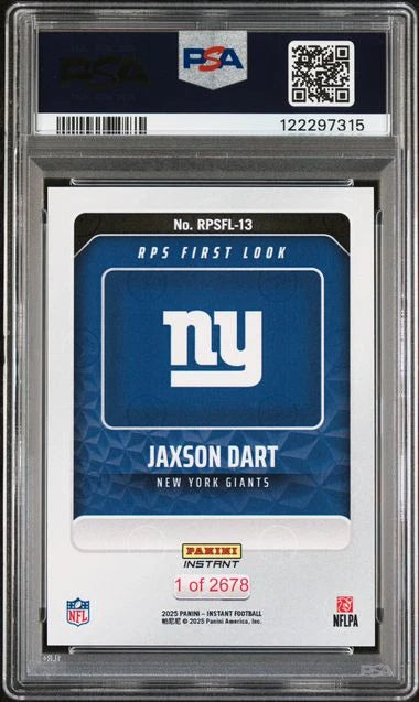 Jaxson Dart 2025 Panini Instant NFL RPS First Look PSA 10