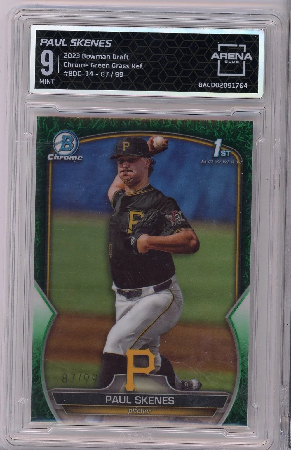 Paul Skenes 2023 Bowman Draft 1st Bowman Chrome Green Grass Refractor #'d 87/99 Arena 9