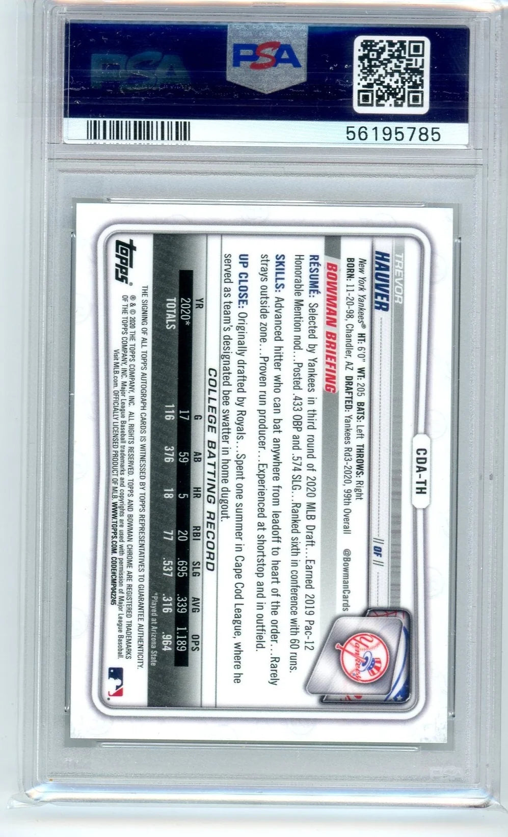 TREVOR HAUVER 2020 Bowman Chrome Draft Autograph Black WAVE REFRACTOR 1/1