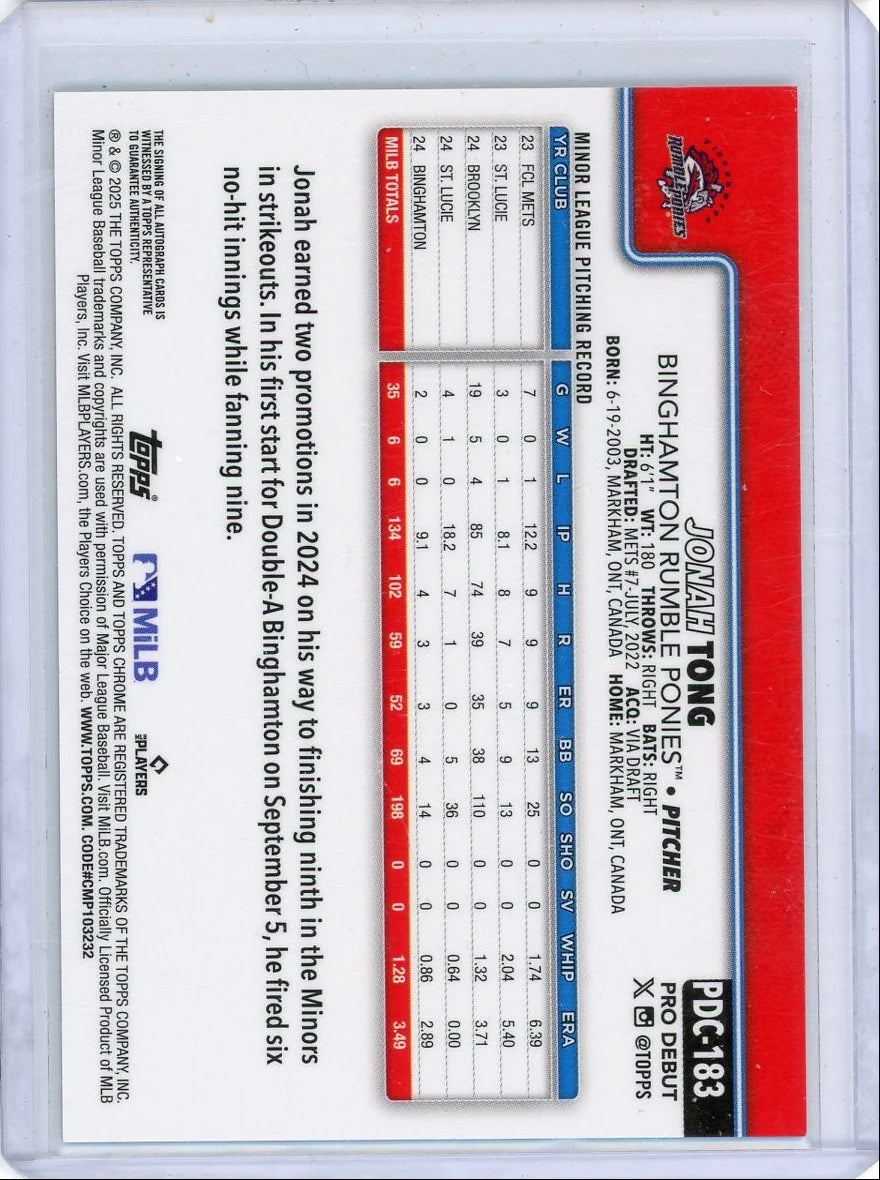 Jonah Tong 2025 Topps Pro Debut Chrome Refractor Auto #'d 115/199
