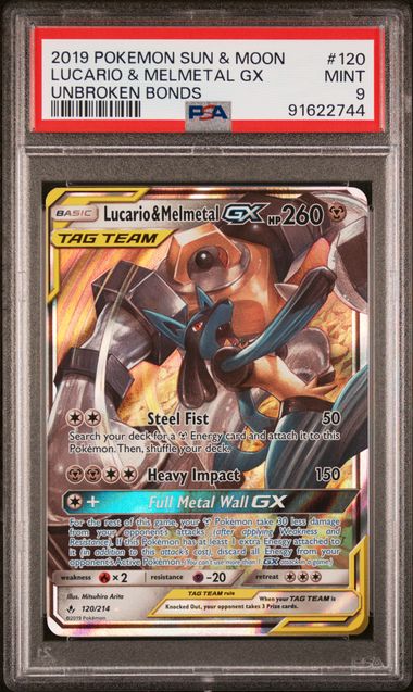Lucario & Melmetal GX Tag Team 2019 Pokémon Unbroken Bonds rare holo #120/214 PSA 9