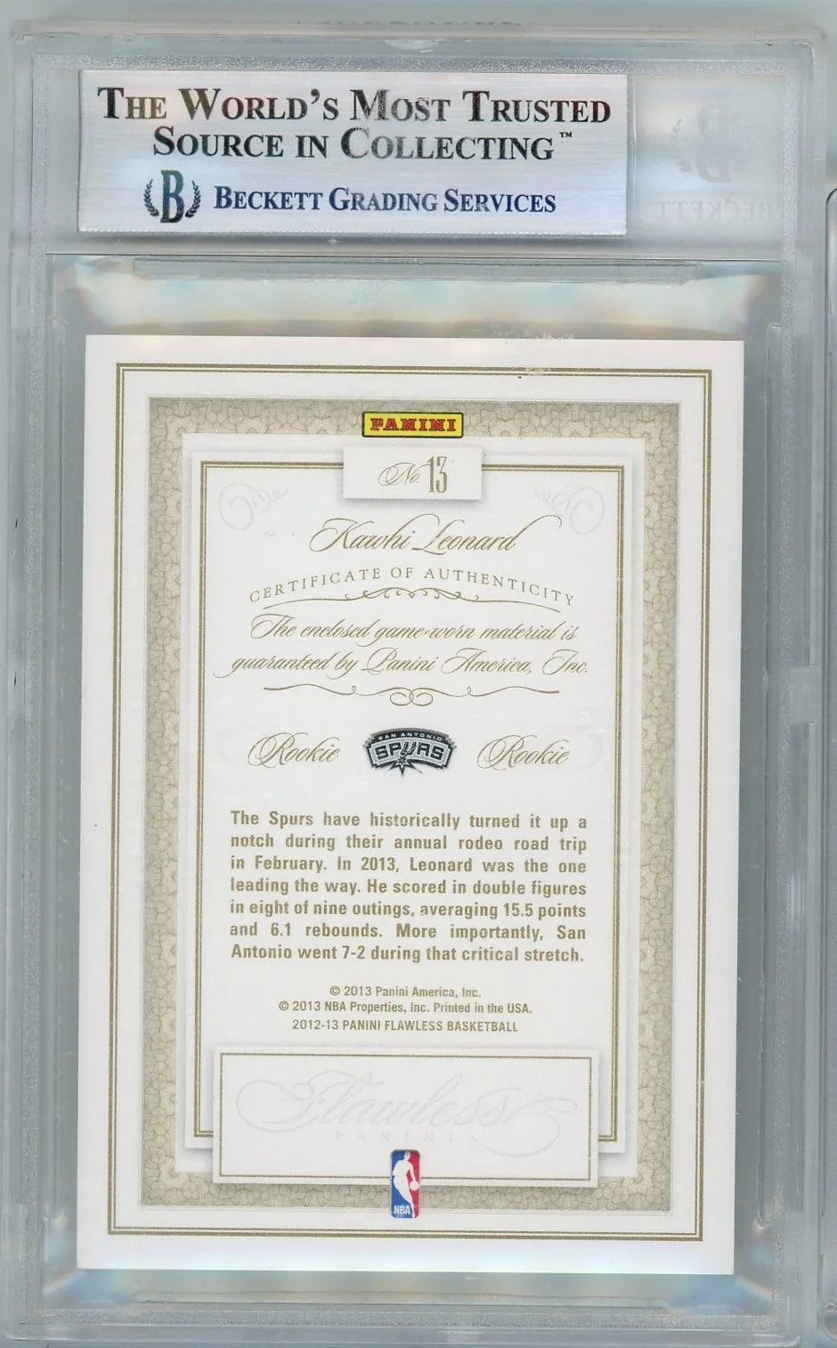 Kawhi Leonard 2012-13 Panini Flawless Rookie Patch #'d 17/25 BGS 9